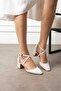 Women's White Skin Matte Cross-Strapped Medium Heel Stylish Shoes 5cm Heel - 3