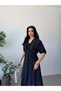 Navy Blue Half Sleeve V-Neck Midi Dress - 3