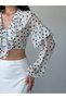 White Polka Dot Tie-Front Chiffon Crop Blouse - 6