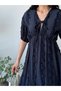 Navy Blue Half Sleeve V-Neck Midi Dress - 6