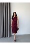 Burgundy One-Shoulder Tie-Detail Satin Midi Dress - 3