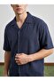 Men's Jacquard 100% Cotton Textured Shirt Shorts Set Navy Blue 3016Dngr - 3