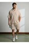 Men's Jacquard 100% Cotton Textured Shirt Shorts Set Beige 3016Dngr - 4