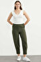 Crepes Trousers with Gathered Hem Detail - Khaki - 2