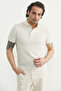 Textured Polo Collar Striped T-Shirt - Ecru - Beige - 2