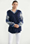 Plus Size Chiffon Combination V-Neck Blouse - Navy Blue - 3