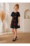 Girl's Bow Detailed Short Sleeve Black Combed Cotton Dress