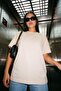Women's Beige Oversize T-Shirt Cotton Crew Neck Short Sleeve - 4