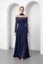Women's Navy Blue Slim Fit Boat Neck Lace Detail Long Evening Dress