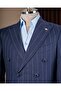 Slim Fit Men's Double-Breasted Pointed Collar Striped Linen Suit Navy Blue T20100-02 - 2