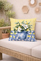 Decorative Throw Pillow Cover with Yellow Stripes and Blue Floral Pattern, Lemon Pot Themed (43X43 cm) - 4