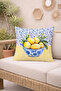 Lemon Patterned Cushion Cover with Tile Bowl Design on Blue Floral and Yellow Striped Background (43X43 cm) - 4