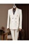 Slim Fit Men's Double-Breasted Pointed Collar Striped Linen Suit Ecru T20100-05