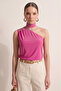 Women's Fuchsia Pink One-Shoulder Blouse with Floral Detail and Gathered Sandy Fabric - 5