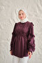 Women's Ribbed Sleeves Pleated Front Shirt Purple - 2