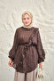 Women's Tunic with Ruffles on the Front and Tie Detail in Glittery Tulle Fabric, Brown