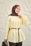 Women's Regular Poplin Shirt with Pleated Collar, Floral Buttons, Leather Strap Belt, Yellow - 2