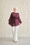Women's Tunic with Ruffles on the Front and Tie Detail in Glittery Tulle Fabric, Burgundy - 3