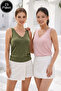 بلوزة نسائية مكونة من قطعتين باللون الكاكي والوردي من الفيسكون بفتحة رقبة على شكل حرف V وأكمام قصيرة