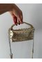 Gold Chain Strap Women's Bag with Staple Detail Mini Shoulder Bag Stylish Small Size Daily Bag Black White Gold Denim - 3