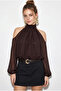 Women's Bitter Coffee Shoulder Low-Cut Stand Collar Lined Chiffon Blouse with Elastic Hem 1020 60286089