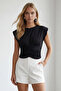 Black Crew Neck Drape Detailed Padded Sandy Blouse Alc-X15485