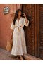 V-Neck Front Tie Lace Detail Bat Sleeve Linen Fabric Skirt and Bluse Set - 3