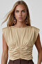 Beige Crew Neck Draped Detailed Padded Sandy Blouse Alc-X15485 - 4