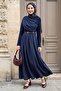 Shoulder Shawl Detailed Belted Navy Blue Dress - 3