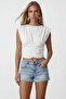 Women's white crew neck blouse with drape detail and padded shoulders - sandy - alc-x15485 - 4