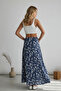 Women's Navy Blue White Patterned High Waist Flared Long Skirt - 7