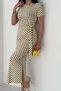 Women's Polka Dot Draped Long Dress – Lycra Midi Maxi Dress with Slit Detail - 6