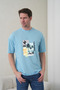 Men's Surf and Palm Tree Printed California Themed Round Neck Blue T-Shirt