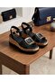 Black Leather Wedge Heeled Cork Sole Women's Sandals 35181