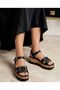 Black Leather Wedge Heeled Cork Sole Women's Sandals 35181 - 2