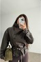 New Season Brown Double-Breasted Stand Collar Buttoned Leather Jacket - 3