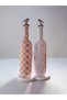 750 ml Pink Floral and Pink Checkered Decorative Glass Oil Pot Set of 2 – with Gold Lid and Stone Presentation Stand - 8