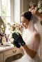 Lusavien Black Satin Bridal Gloves with Stone Detail – Elegant Wedding Accessory with Bow and Feather - 3