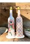 750 ml Pink Floral and Pink Checkered Decorative Glass Oil Pot Set of 2 – with Gold Lid and Stone Presentation Stand - 3