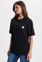 Women's Oversize Wide Cut 100% Cotton Crew Neck Short Sleeve Printed Black T-Shirt Blouse - 8