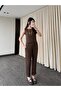 Brown Necklace Blouse Trousers Set - 8757