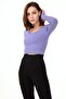 Women's Purple Crew Neck Long Sleeve Ribbed Knitted Crop Blouse