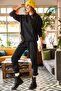 Women's Black Kangaroo Pocket Hooded Fleece Inside Tracksuit Set ETKM-0000052