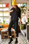 Women's Black Kangaroo Pocket Hooded Fleece Inside Tracksuit Set ETKM-0000052 - 3