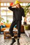 Women's Black Kangaroo Pocket Hooded Fleece Inside Tracksuit Set ETKM-0000052 - 5
