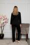 Women's Black and White Ribbed Shirt Collar Front Buttoned Pocket Long Sleeve Seasonal Cotton Pajama Suit - 2