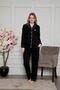 Women's Black and White Ribbed Shirt Collar Front Buttoned Pocket Long Sleeve Seasonal Cotton Pajama Suit - 3