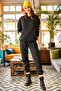 Women's Black Kangaroo Pocket Hooded Fleece Inside Tracksuit Set ETKM-0000052 - 2