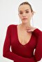 Bordo Derin V Yakalı Çıtçıtlı Örme Body TPRAW22BD0084