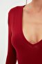 Bordo Derin V Yakalı Çıtçıtlı Örme Body TPRAW22BD0084 - 2